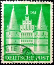 Selo postal da Alemanha de 1950 Holstentor Lübeck