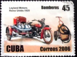 Selo postal de Cuba de 2006 Leyland Motors pumper motorcycle