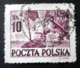 Selo postal da Polônia de 1950 Worker Holding Hammer