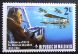 Selo postal das Maldivas de 1974 Churchill as pilot in Fairey Swordfish