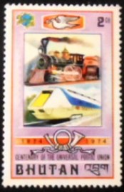 Selo postal do Bhutão de 1974 Steam locomotive & High speed train