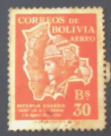 Selo postal da Bolívia de 1954 Highlander inside Map of Bolivia