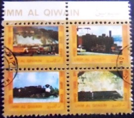 Série de selos postais de Umm al Qiwain de 1972 Locomotives small format