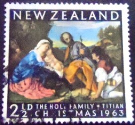 Selo postal da Nova Zelândia de 1963 Holy Family with sheperds
