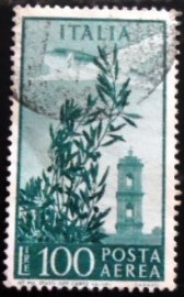 Selo postal da Itália de 1948 Olive tree airplane and tower of Campidoglio
