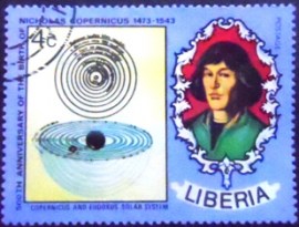 Selo postal da Libéria de 1973 Solar System and N. Copernicus