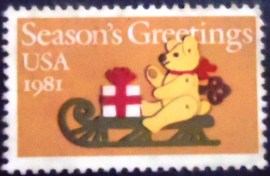 Selo postal dos Estados Unidos de 1981 Felt Bear on Sleigh