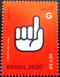 Selo postal do Brasil de 2020 Letra G em Libras
