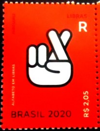 Selo postal do Brasil de 2020 Letra R em Libras