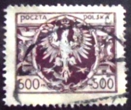 Selo postal da Polônia de 1923 Eagle on a Large Baroque Shield 500