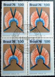 Quadra de selos postais do Brasil de 1976 Resplendor Karajá SP
