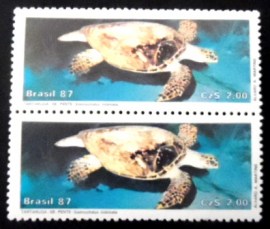 Par de selos postais do Brasil de 1987 Tartaruga-de-Pente