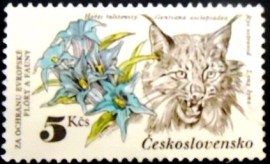Selo Postal da Tchecoslovaquia de 1983 Eurasian Lynx and Willow Gentian