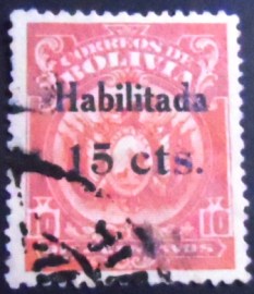 Selo postal da Bolívia de 1923 Coat of Arms surcharged 15