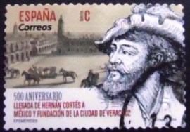 Selo postal da Espanha de 2019 Hernán Cortés Arrival