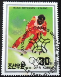 Selo postal da Coréia do Norte de 1988 Marjo Matikainen on 30 ch Zurbriggen