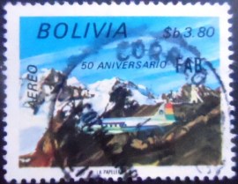 Selo postal da Bolívia de 1974 Cargo Airplane over Andes