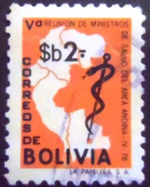 Selo postal da Bolívia de 1978 Map and Rod of Asclepius
