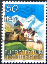 Selo postal de Liechtenstein de 1986 Castle mountains