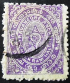 Selo postal do Travancore de 1894 State Emblem Conch Shell ½