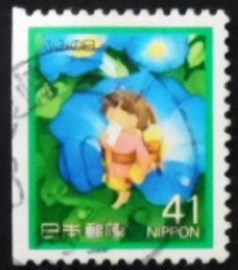 Selo postal do Japão de 1991 Girl sitting on Morning Glory