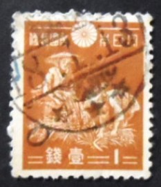 Selo postal do Japão de 1937 Rice Harvest