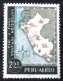 Selo postal do Peru de 1958 Map of Peru showing national products