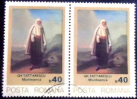 Par de selos postais da Romênia de 1979 Mountenan woman