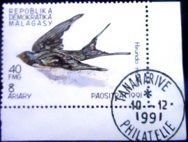 Selo postal de Madagascar de 1991 Barn Swallow