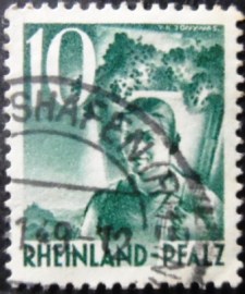 Selo postal da Alemanha Rheiland de 1947 Winemakerwoman