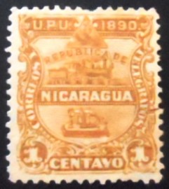 Selo postal da Nicarágua de 1890 Locomotive and telegraph in a shield