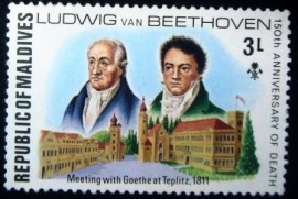 Selo postal comemoraitvo das Malivas de 1977 Goethe and Beethoven