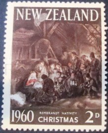 Selo postal da Nova Zelândia de 1960 Adoration of Shepherd