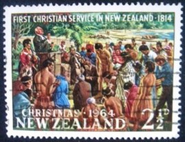 Selo postal da Nova Zelândia de 1964 Rev Marsden Taking Service