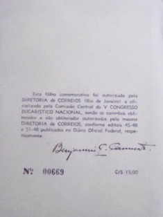 Folhinha postal de 1948 V Congresso Eucarístico Nacional 669