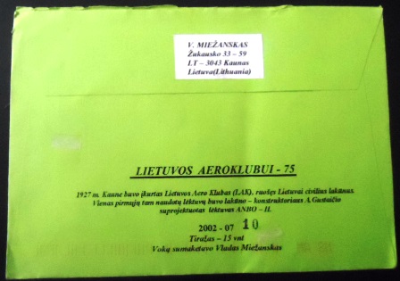 Envelope Circulado da Lituânia de 2002 Lietuvos Aeroklubui 75